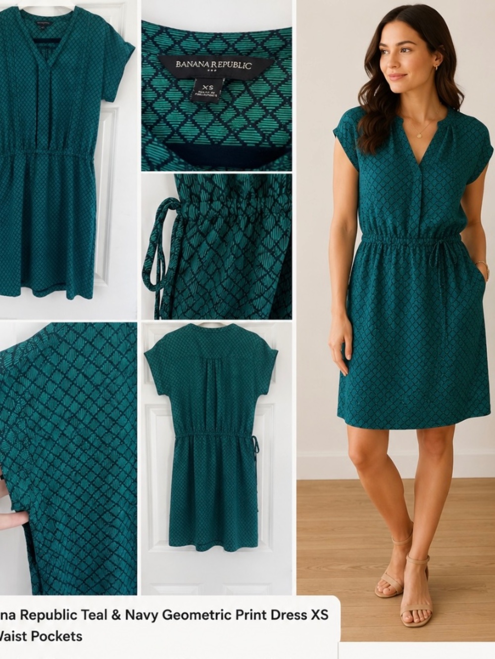 Banana Republic Teal & Navy Geometric Print Dress XS Tie Waist Pockets